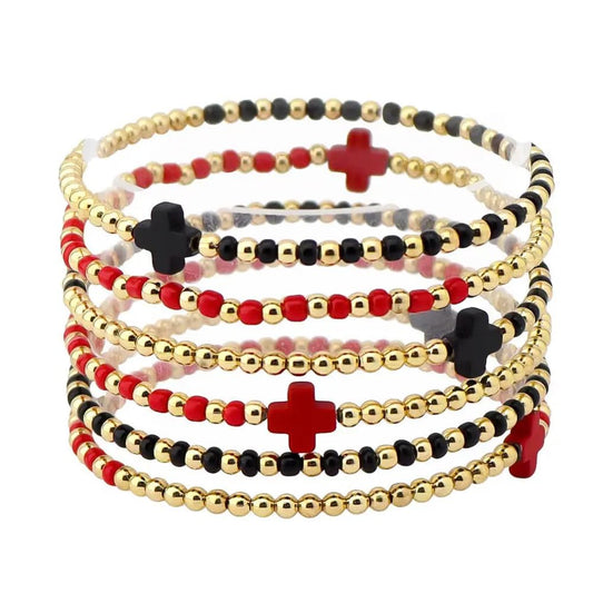 Bohxantium Gold Beaded Bracelets for Women Stackable Boho Gold Plated Red Black Seed Beads Ball Cross Bracelets Stack Elastic Stretch Trendy Jewelry Accessories Non Tarnish Friendship Christian Gift