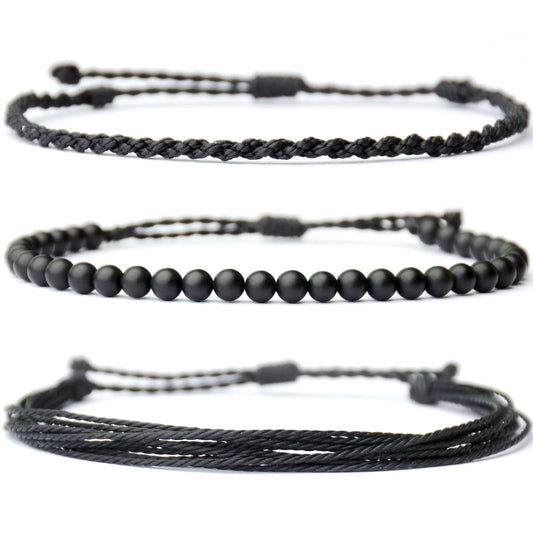 Handmade Natural Stone Beaded Healing Bracelet Gift for Men Adjustable Rope String Bracelet (black agate, Adjustable)