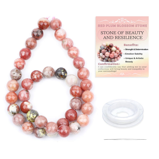 CMBYN Natural Stone Beads Round Genuine Real Stone Beading Strand Loose Gemstones DIY Smooth Bead for Bracelet Necklace Earrings Jewelry Making (Red Plum Blossom Stone, 10mm 36 Pieces)