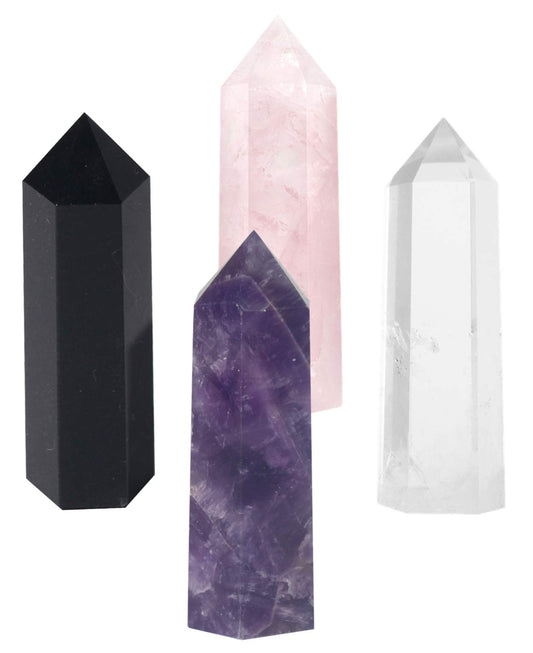 Luckeeper Healing Crystal Wands,2" Amethyst Crystal, Rose Quartz,Clear Quartz and Black Obsidian，6 Faceted Reiki Chakra Stones 4 pcs