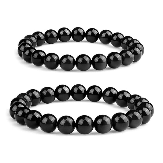 Black Tourmaline Bracelet 2 PCS: 8MM & 10MM | 3A Grade Natural Chakra Crystal Jewelry | Birthstone of October, Fit 6"-8" Wrist Size, Bring Luck, Peace & Love, Feng Shui for Friends Familys