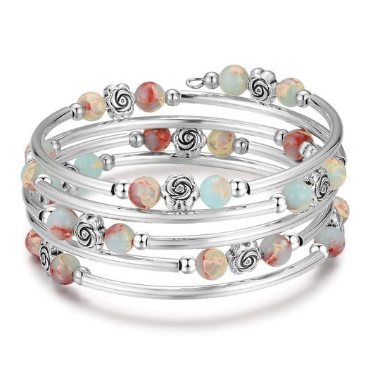 BULINLIN Wrap Bangle Rose Bead Bracelet - Beaded Bracelet with Natural Agate Stone Gifts For Women(01-Green)