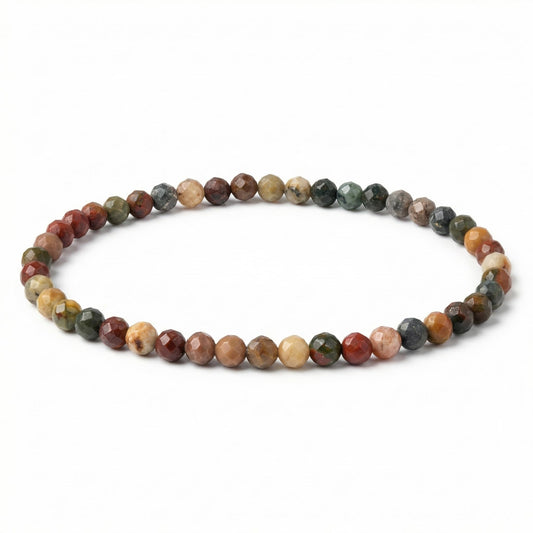Angelstones Natural Multicolor Picasso Jasper Gemstone Small Beaded Stretch Bracelet, 4mm Faceted Round Beads, Crystal Healing Bracelet for Women