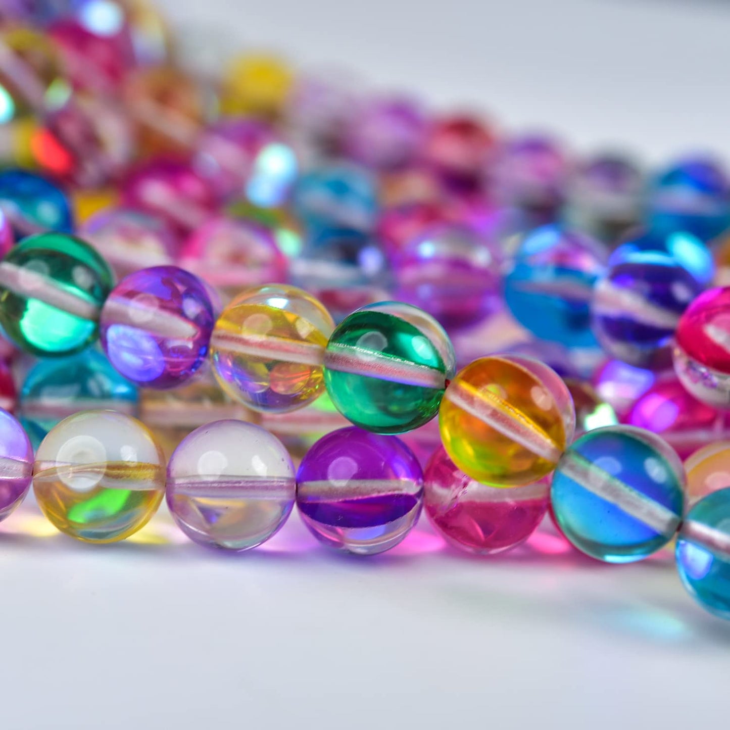 Asingeloo 8mm Mix Color Angel Aura Beads Round Gemstone Beads Polished Mermaid Aura Moonstone Beads Smooth Stone Loose Beads Crystal Quartz for DIY Jewelry Making 1 Strand 15"