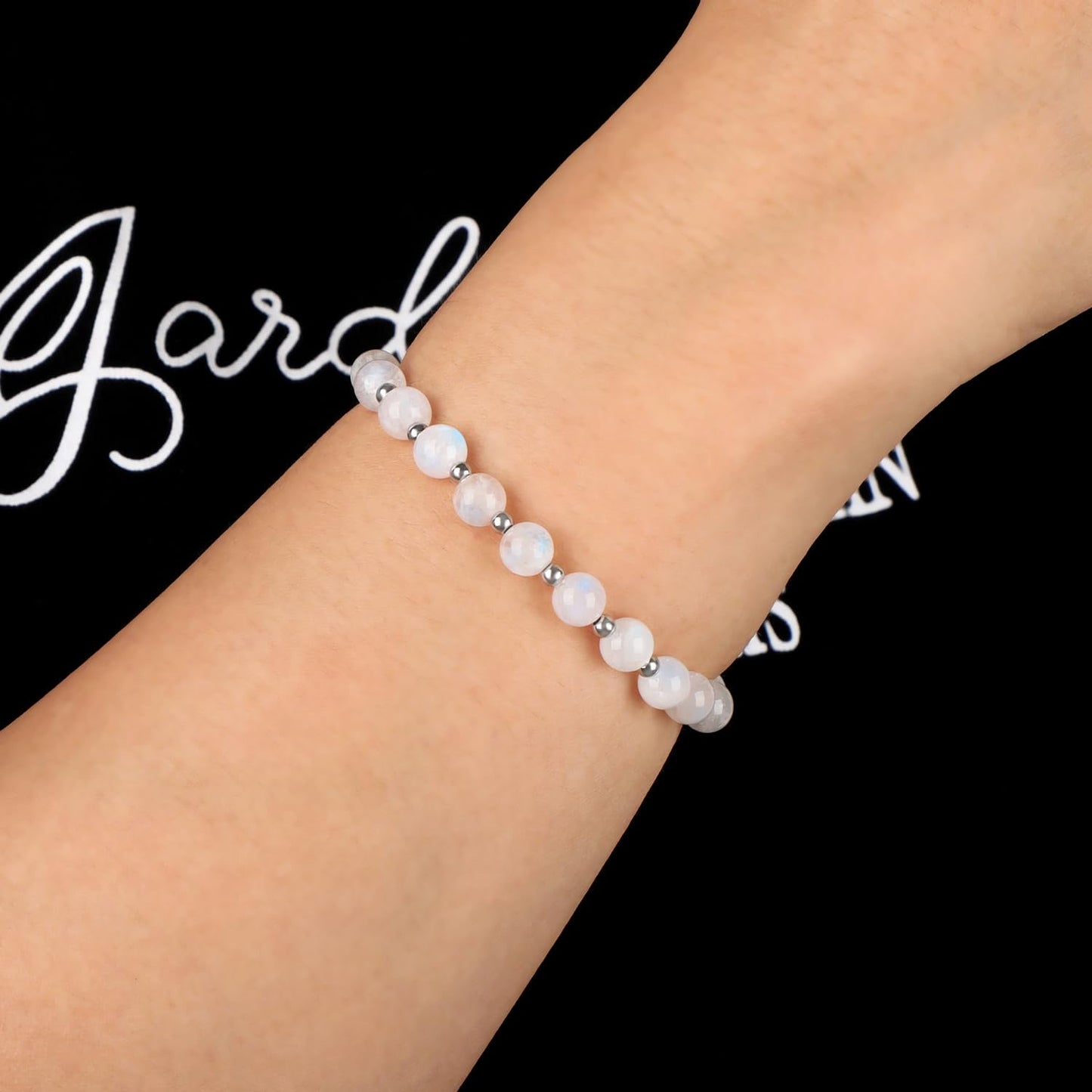 QOGIR Moonstone - New Beginnings - Stainless Silver Beads Natural Gemstone Stretch Elastic Dainty Healing Beaded Bracelets Gifts 6mm