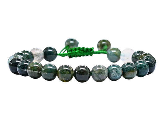 Amazing Gemstone Moss Agate Bracelet for Women Men's Gifts - Protection Healing Crystal Bracelet - 8mm Gemstones Beaded Adjustable Bracelet Pulseras Para Hombres Mujer Stocking Stuffers