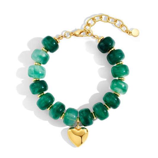 ENSKEFEN Green Beaded Heart Charm Bracelet for Women Boho Chunky Acrylic Beaded Bracelet Adjustable Heart Bracelets