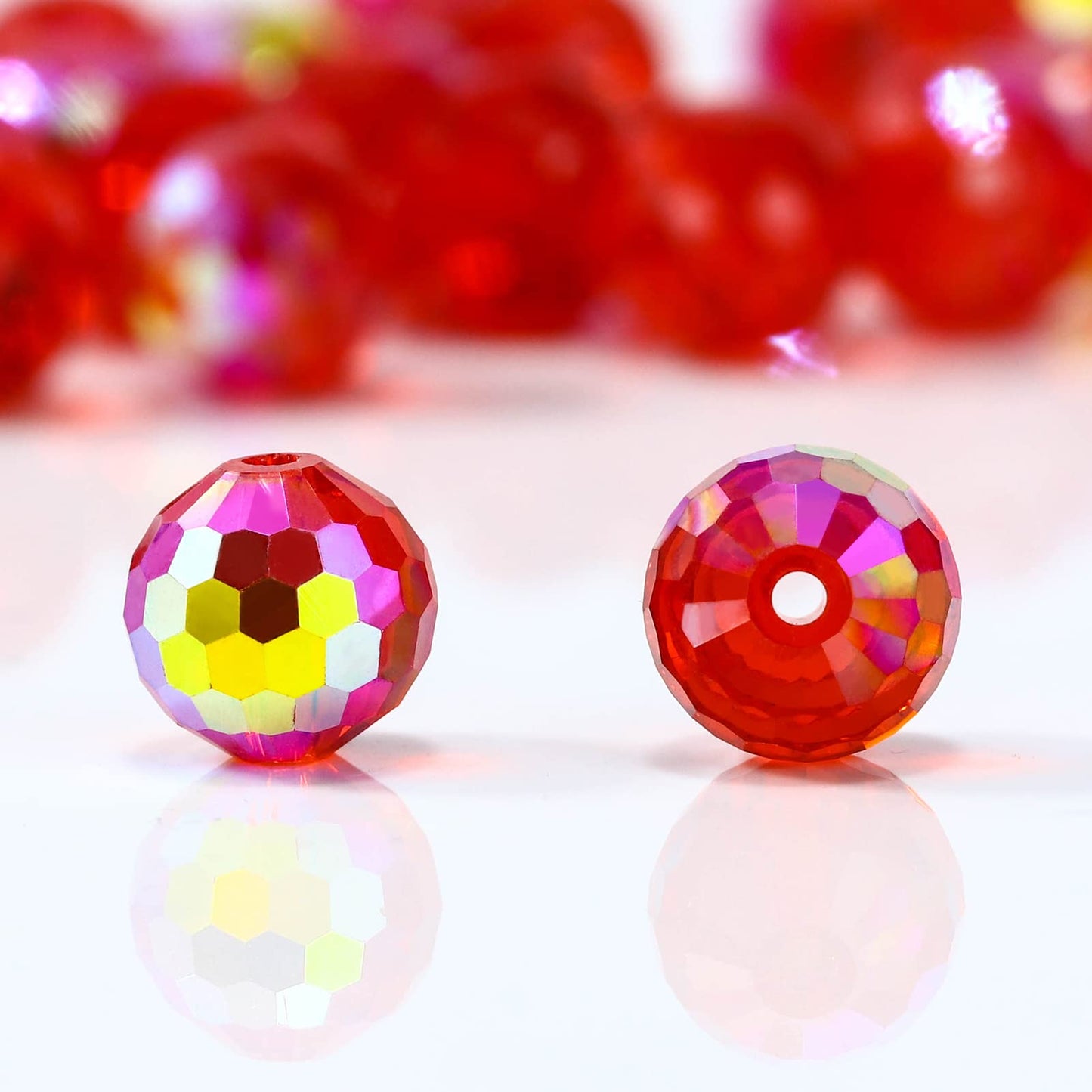 Dowarm 10MM Round Crystal Beads for Jewelry Making, Red/Siam AB Faceted Crystal Glass Beads for Crafts Bracelet Wind Chimes Suncatcher, #5003 Rondelle Spacer Beads, Loose Gemstones, 50PCS