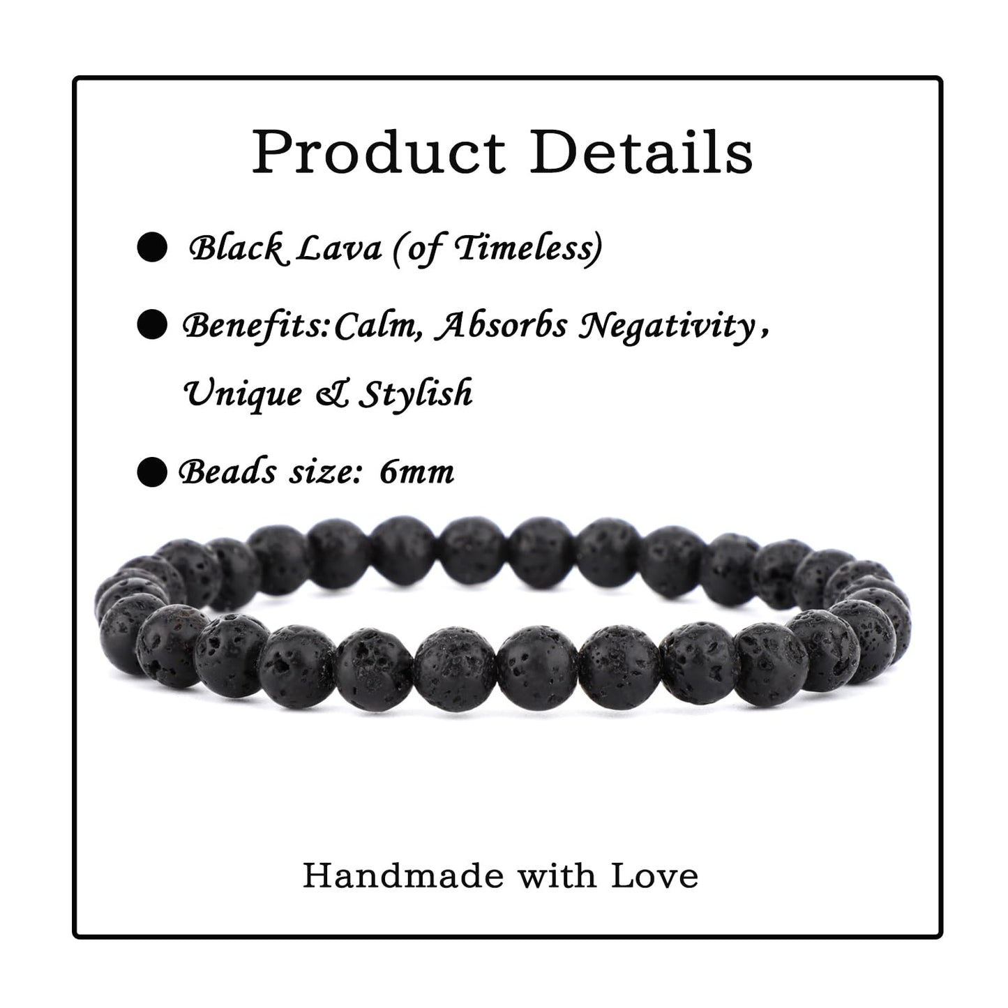 Bymitel 6mm Black Lava - Handmade Reiki Gemstone Stretch Bracelet, Natural Beauty & Spiritual Essence, Crystal Healing for Unisex Adults