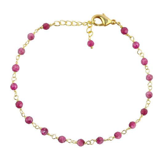 CRYSTALINES Natural Ruby Gemstone Beads Bracelet Handmade Hypoallergenic Gold Plated Jewelry for Women Microfaceted Crystals Beaded Rosary Chain July Birthstone Cluster Bracelet, 7+1inch
