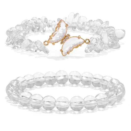 GolbalJew Clear Quartz Bracelet for Women Healing Crystal Stone Bracelets Clear Gemstone Beads Stretch Bracelet Butterfly Charms Jewelry Women Gift