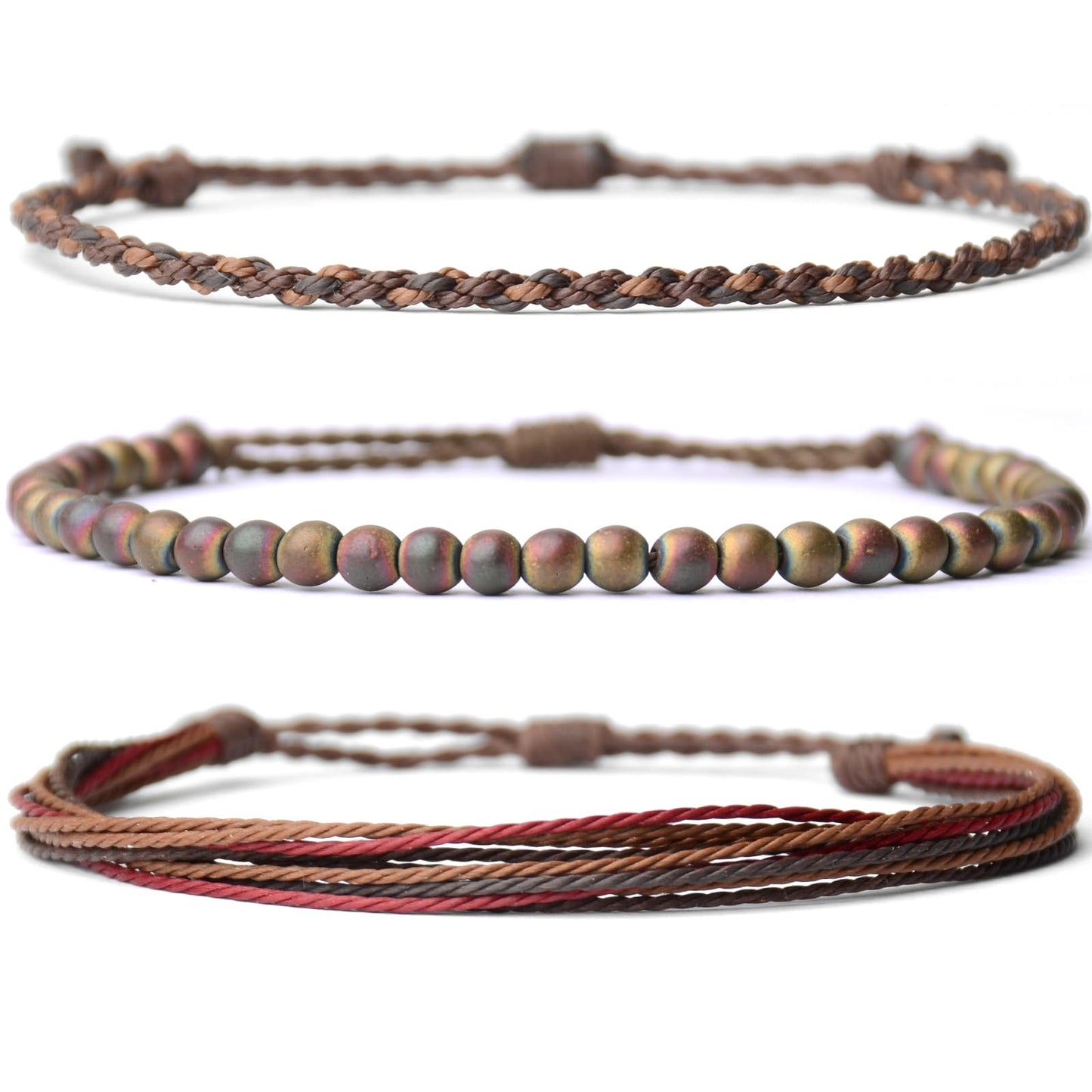 Handmade Natural Stone Beaded Healing Bracelet Gift for Men Adjustable Rope String Bracelet (Hematite/Burn, Adjustable)