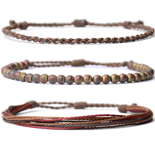Handmade Natural Stone Beaded Healing Bracelet Gift for Men Adjustable Rope String Bracelet (Hematite/Burn, Adjustable)