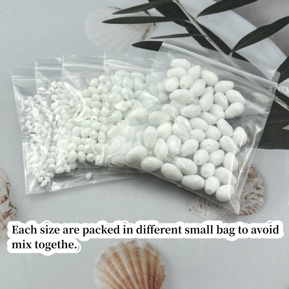 Xinhongo 340pcs Teardrop Crystal Glass Beads 3x5mm 4x6mm 6x8mm 8x12mm 10x15mm Vertical Hole Faceted Glass Spacer Beads for Necklace Bracelet Earrings DIY Jewelry Crafts(White)