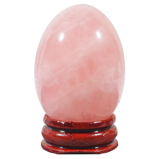 Fekuar Stone Egg Figurine, Polished Healing Crystal Easter Eggs Sphere Sculpture with Wood Stand, Natural Rose Quartz, 1.8"