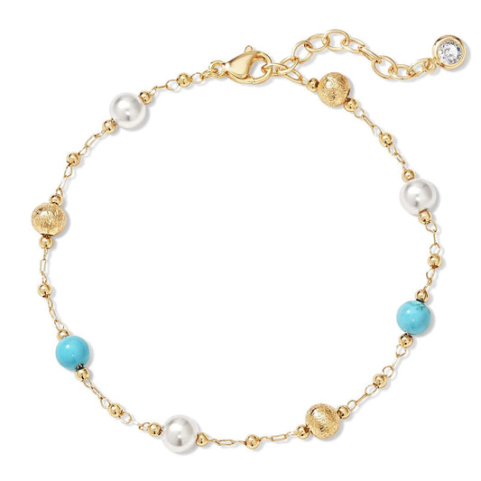 MEVECCO Gold Bracelet for Women 18K Gold Plated Pearl Turquiose Stone Custom Handmade Mixed Beaded Charm Chain Bracelet Stack Jewelry Gifts