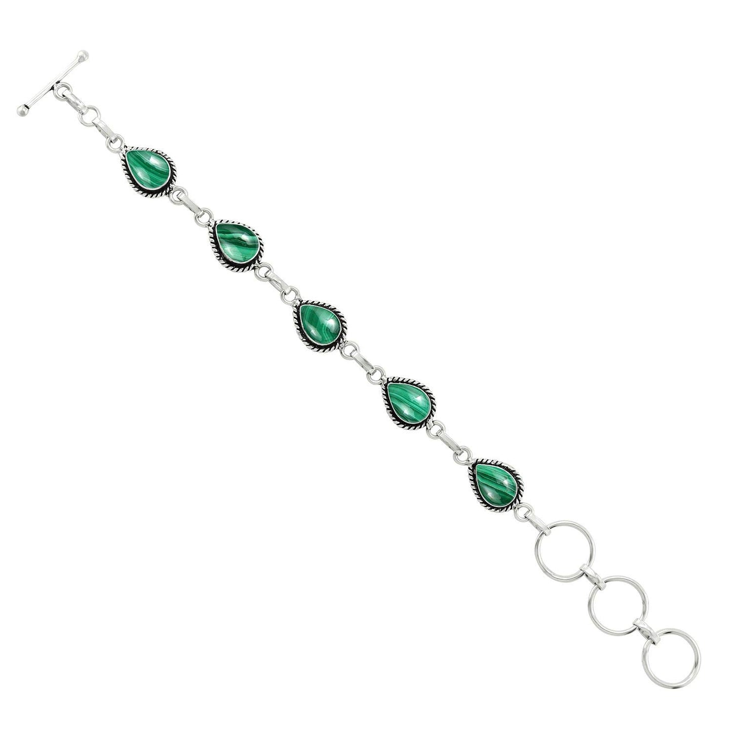 Natural Malachite Silver Plated Link Bracelet for Women - Green Stone April Birthstone Handmade Vintage Style Adjustable Jewelry Bracelet - Valentine Day Gifts for Her