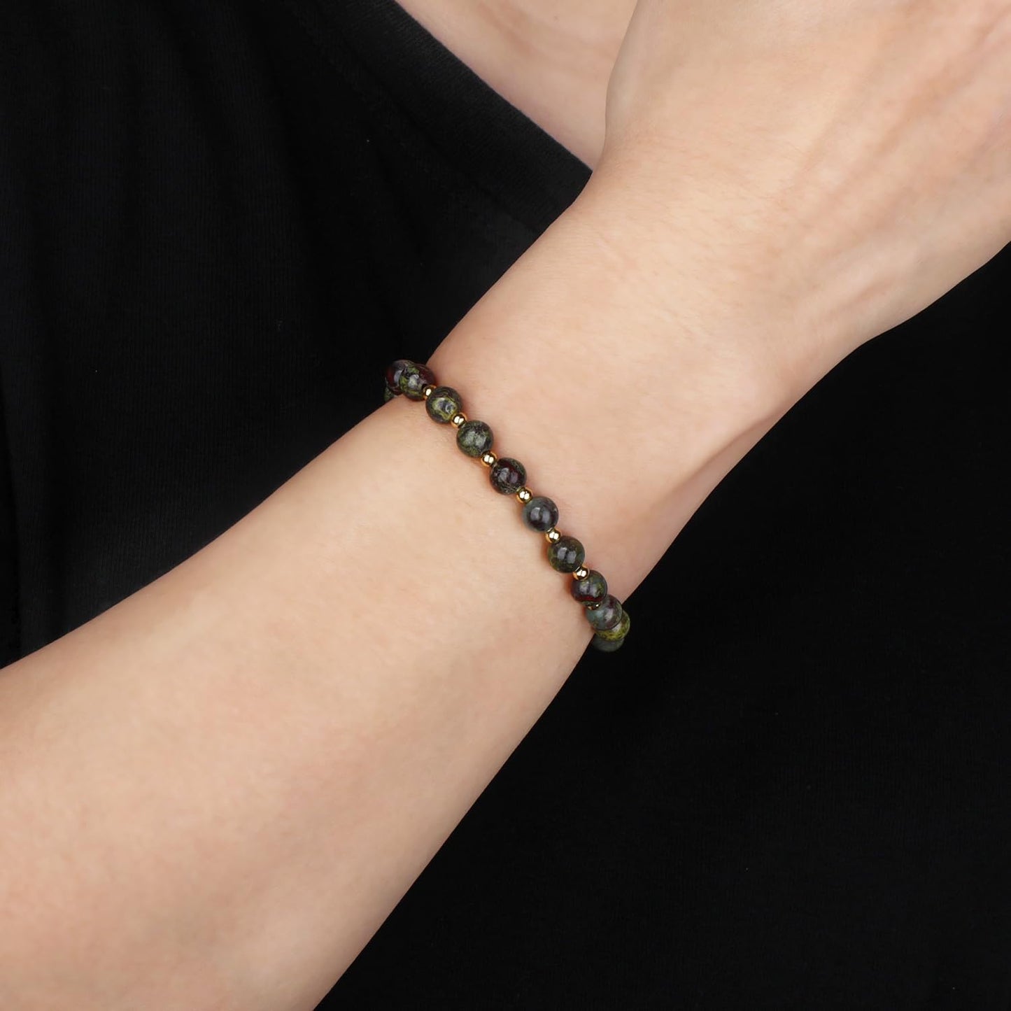 QOGIR Dragon Bloodstone - Strength and Courage - 14K Gold Plated Beads Natural Gemstone Stretch Elastic Dainty Healing Beaded Bracelets Gifts 6mm