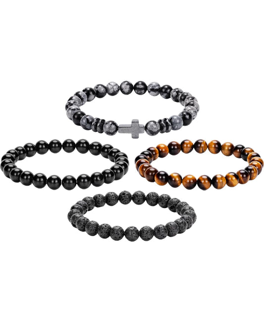 Crystery Men Beaded Bracelets, 8mm Natural Stone Bracelet, Healing Crystal, Jewelry Gifts for men, Triple Protection, Snowflake, Tiger Eye, Black Obsidian Beads Bracelets, Lava Rock, Pack of 4