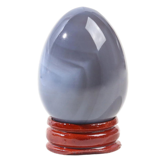 Casaper 2" Natural Grey Agate Egg with Wood Stand for Home Decoration, Polished Crystal Pocket Palm Sphere Fengshui Figurines Healing Reiki
