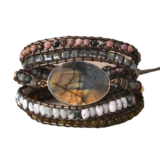 ZOSOJONA Women Wrap Bracelet Boho Natural Jasper Crystal Stone Beads Strand Bracelets (Labradorite)
