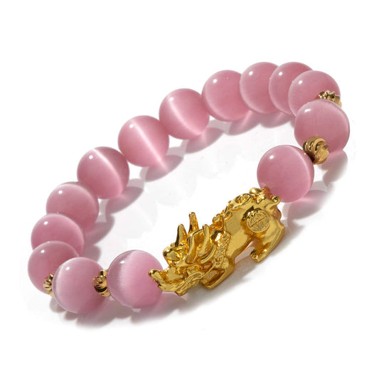 ZenBless Feng Shui Bracelet Cat Eye Bead Bracelet with Gold Plated Pi Xiu/Pi Yao Attract Wealth and Good Luck Amulet Gift(Pink L)