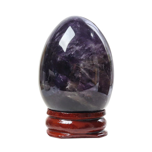 Fekuar Stone Egg Figurine, Polished Healing Crystal Easter Eggs Sphere Sculpture with Wood Stand, Natural Amethyst, 1.8"