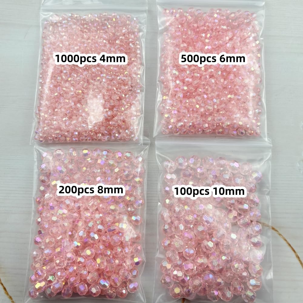 Pinhoollgo 1800pcs Acrylic Faceted Round Beads 4mm 6mm 8mm 10mm AB Colors Glossy Acrylic Round Spacer Beads with Hole for DIY Bracelet Necklace Jewelry Making Supplies Handmade Craft(Light Pink AB)