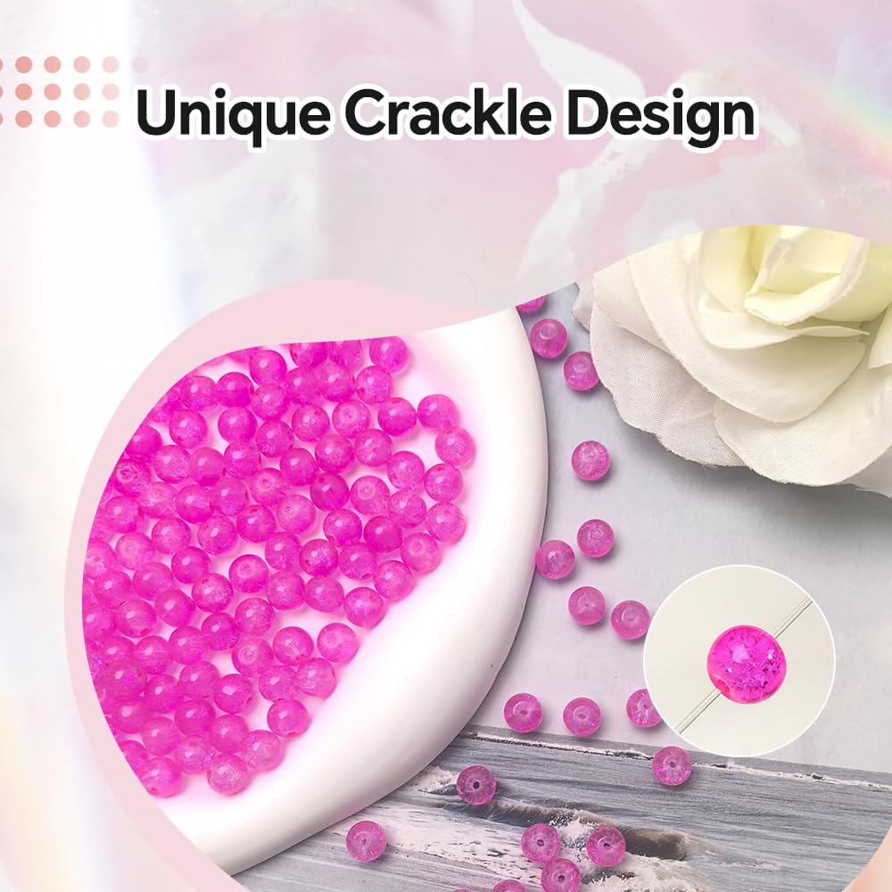 PAMIR TONG 400pcs 8mm Round Glass Beads for Bracelet Pretty Smooth Loose Beads for Necklace-Earring-Jewelry Making and DIY Crafts (Crackle Rose)