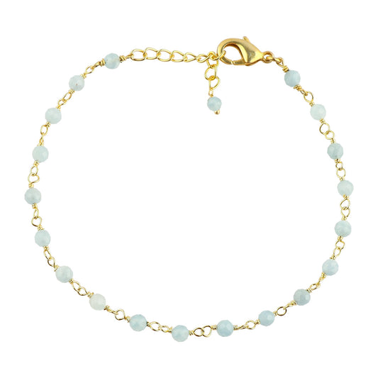 CRYSTALINES Natural Aquamarine Gemstone Rosary Chain Bracelet, 14K Gold Plated, Handmade Jewelry, Wire Wrapped Beads, March Birthstone, Adjustable Chain 8inch, Gift for Women