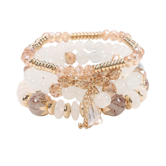 LOTSOF Bohemian Green Jade Stackable Bracelet Set - 4-Layer Stretch Beaded Bracelets with Gold Accents, Boho Jewelry for Women, Fashion Statement Accessory (Gift Ready) (White)