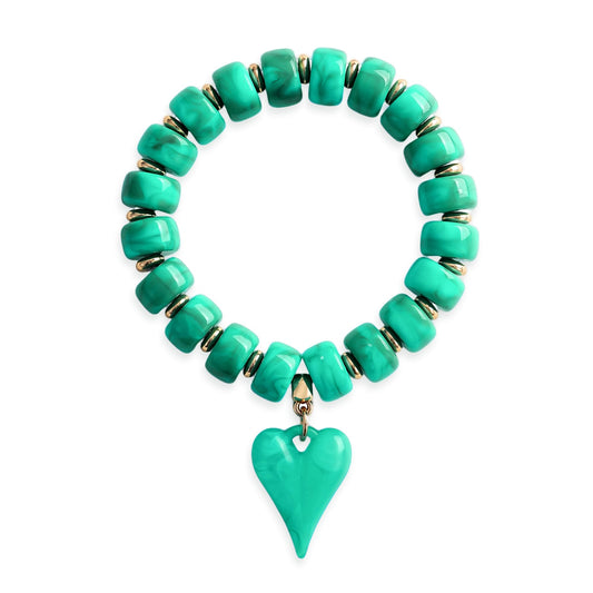 YUJIE Western Turquoise Beaded Bracelet with Heart Charm, Boho Handmade Acrylic Beaded Stretch Country Cowgirl Bracelet for Women, Vinatge Jewelry Gift