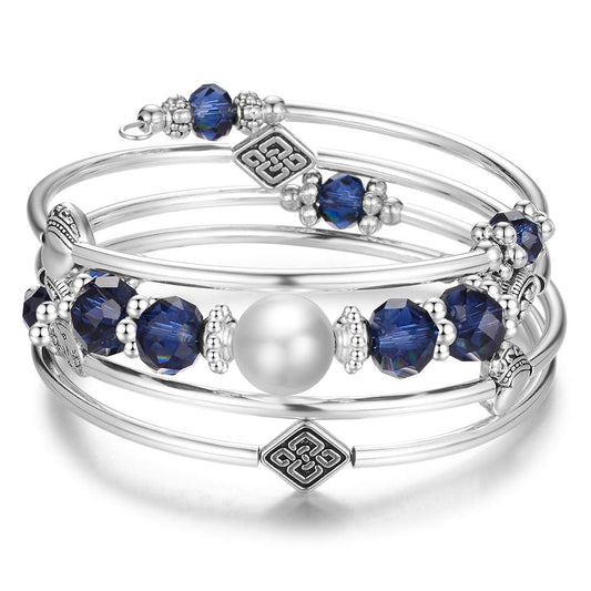 BULINLIN Bead Wrap Bangle Pearl Bracelet - Silver Metal Bracelet Gifts For Women(04-Navy blue)