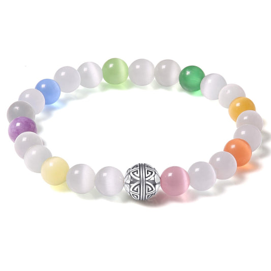 MetJakt Healing Crystals Beaded Bracelets for Womens Natural Gemstone 8mm Beads Stretch Bracelets with 925 Sterling Silver Double Happiness Pendant (Multicolored Cat's Eye Stone)