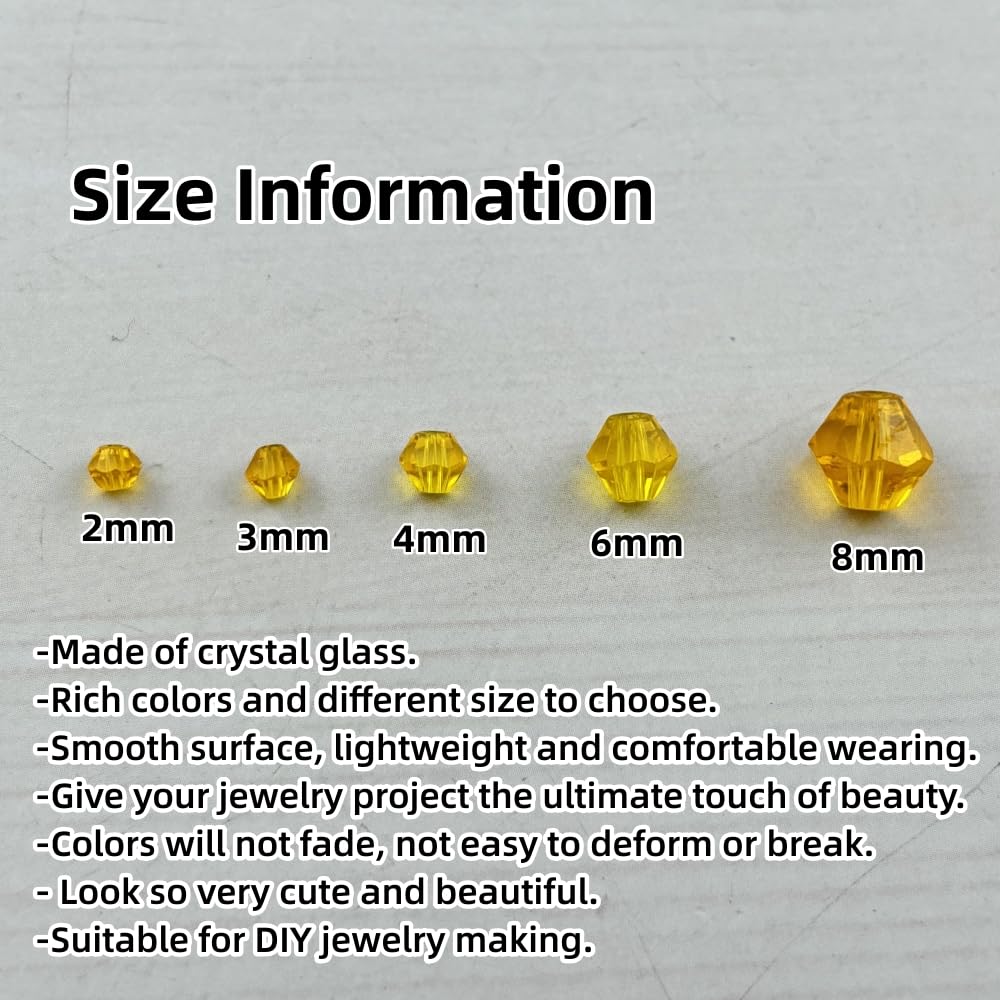 Pinhoollgo 1310pcs Bicone Crystal Glass Beads 2mm 3mm 4mm 6mm 8mm Faceted Crystal Spacer Beads for Bracelets Necklace Pendants Earrings DIY Jewelry Craft Making(Gold Yellow)