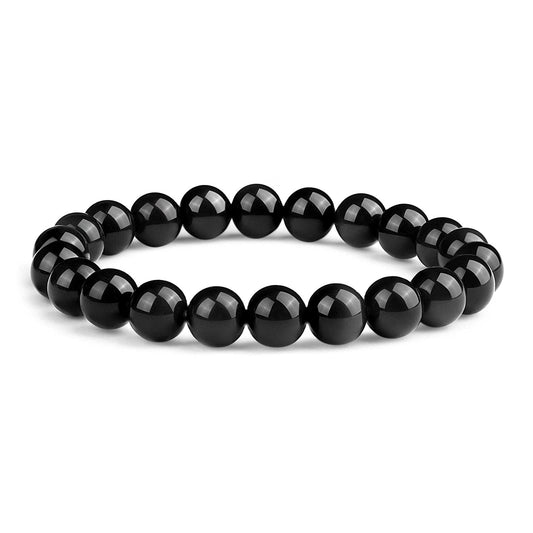 Crystal Vibe Black Obsidian Bracelet - Healing Crystal Bracelet for Spiritual Healing Positive Energy Stress Relief– 8mm Round Black Beaded Bracelets for Women Men - Elastic Adjustable Size