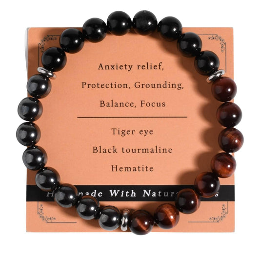 Gracayfr Tiger Eye Black Tourmaline Bracelet Anxiety Relief Healing Crystal Spiritual Natural Stone Beaded Empath Protection Gemstone Stretch Hematite Red