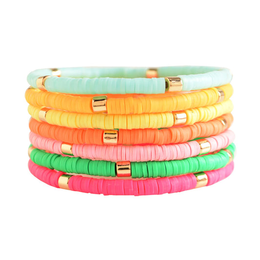 GOOJIDS Surfer Heishi Clay Bead Bracelets for Women Bohemian Stackable Gold Plated Beaded Stretch Bracelets Elastic Layering Friendship Bracelets Set Boho Jewelry