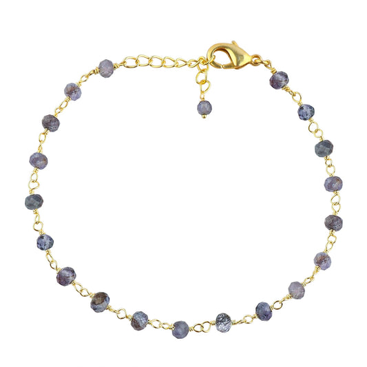 CRYSTALINES Natural Blue Iolite Gemstone Cluster Bracelet, 14K Gold Plated Rosary Chain, Handmade Bohemian Jewelry, Healing Crystals Beads & Stones, Gift for Women (Approx. 7+1inch)