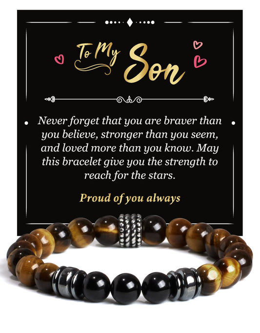 Landorilo Gifts for Men, 8mm Natural Stone Beaded Bracelets, Tiger's Eye & Black Tourmaline Healing Bracelet, Handmade Mens Jewelry Gift for Him, Husband, Son, Father, Friend(Happy Birthday-7.5in)