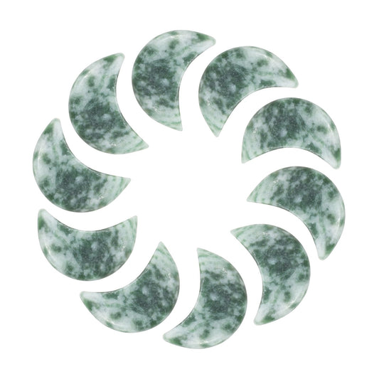 MECCANIXITY 10 Pcs Moon Crystal Worry Stone, 0.5 Inch Length Natural Green Spotted Jasper Moon Gemstone Bulk, Carved Pocket Stones for Meditation Balancing Pendant Decor