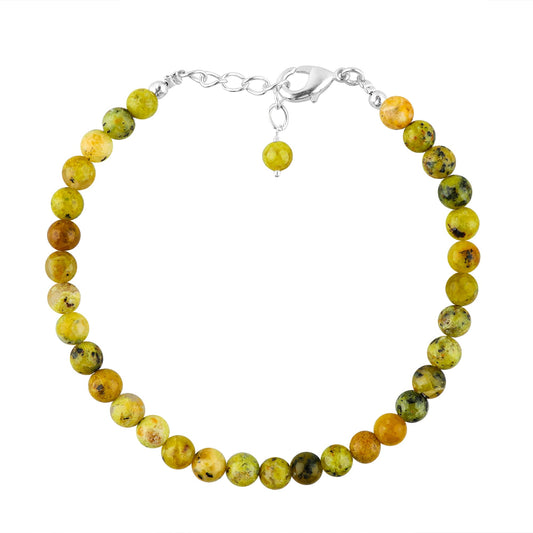 CRYSTALINES Natural Green Opal Gemstone Bracelet, Polished Beads Stones, Handmade Hypoallergenic Boho Jewelry for Women, Healing Crystals, Adjustable Silver Plated 7+1inch, Fashion Birthday Gift