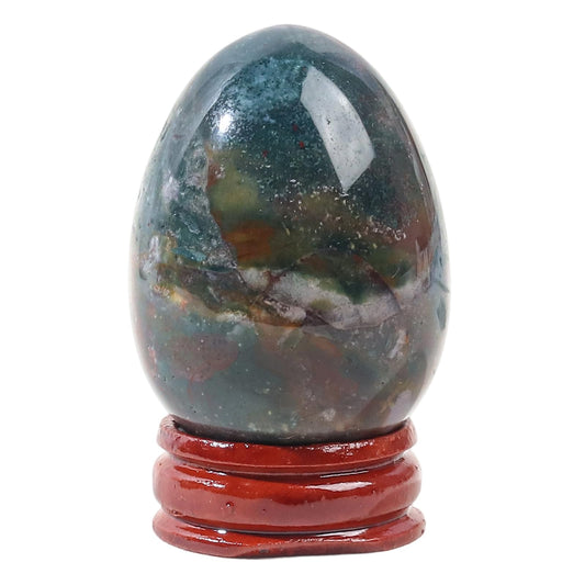 Casaper 2" Natural Ocean Jasper Egg with Wood Stand for Home Decoration, Polished Crystal Pocket Palm Sphere Fengshui Figurines Healing Reiki
