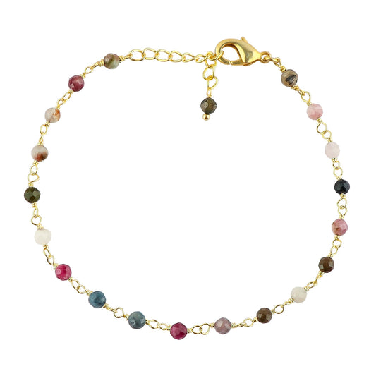 CRYSTALINES Natural Multi Tourmaline Gemstone Cluster Bracelet, 14K Gold Plated Rosary Chain Beads, Handmade Boho Jewelry for Women, Healing Crystals, Christmas Gift Size- 8inch