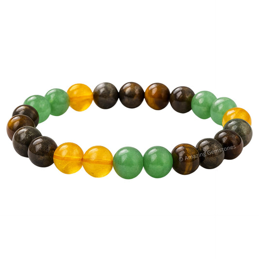Amazing Gemstone Money Success Pyrite Bracelet - Citrine Quartz, Green Aventurine, Tiger Eye Protection Healing Crystal Bracelet - Gemstone Beaded Stretchable Bracelet Pulseras Para Hombres Mujer