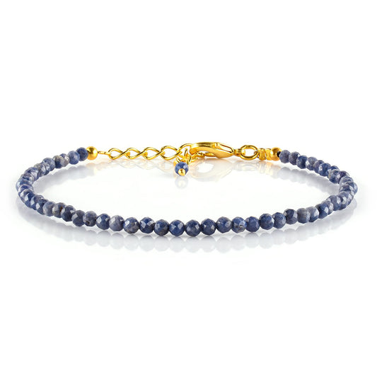 Natural Blue Sapphire Gemstone Micro Beads Dainty Bracelet Jewelry for Women, September Birthstone, Chakra Energy Crystals, 14k Gold Plated Chain 8 inch Adjustable
