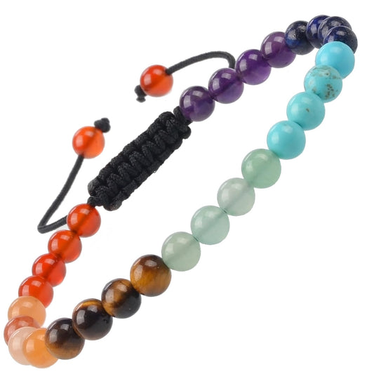MASSIVE BEADS Handmade Gemstone 6mm Round Beads Adjustable Braided Macrame Tassels Chakra Reiki Bracelets (7-Chakra Stones, 6mm)