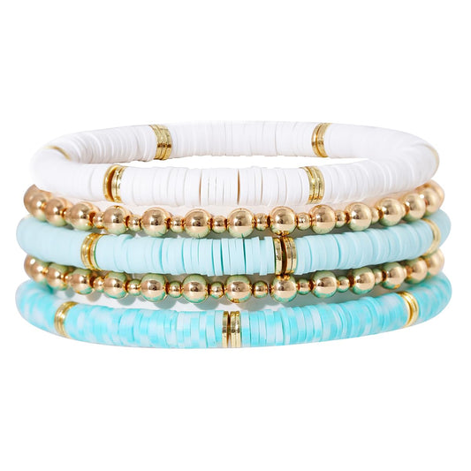 GOOJIDS Surfer Heishi Clay Bead Bracelets for Women Bohemian Stackable Gold Plated Beaded Stretch Bracelets Elastic Layering Friendship Bracelets Set Boho Jewelry