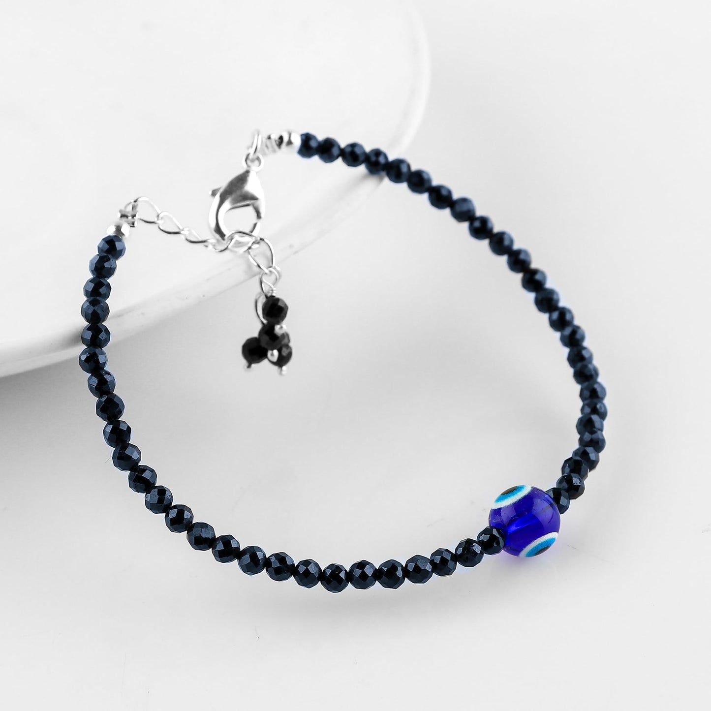 CRYSTALINES Natural Blue Sapphire Gemstone Bracelet, Faceted Crystals Beads Stones, Handmade Hypoallergenic Boho Jewelry for Women, Silver Plated, Birthday Evil Eye Gift for Her, 8inch