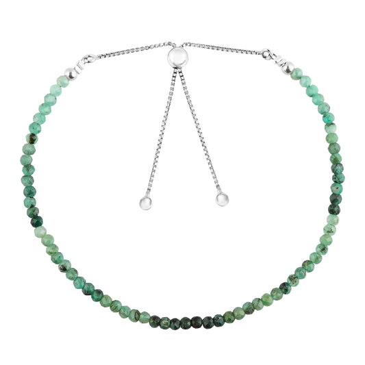 CRYSTALINES Natural Shaded Emerald Gemstone Bolo Bracelet, Faceted Beads Stones, Hypoallergenic Handmade Boho Jewelry for Women, Healing Crystals, Adjustable Silver Chain 6+4inch, May Birthday Gift